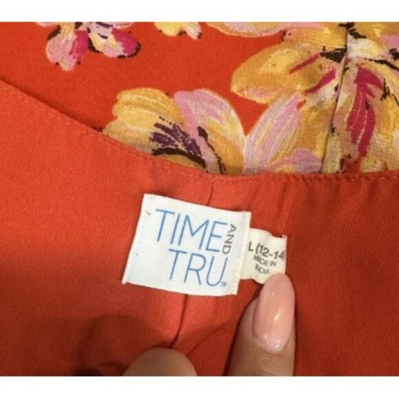Time And Tru Women SZ L(12-14) Orange Floral Baby Doll Knee Dress -Long Sleeve - Picture 4 of 16